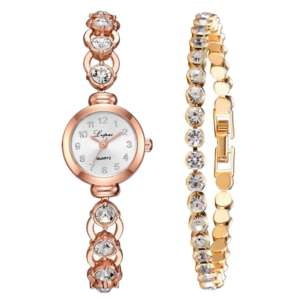 

2pcs/Set Luxury women diamond watches fashion round small dial rose gold watch bracelet jewelry relogio feminino montre femme