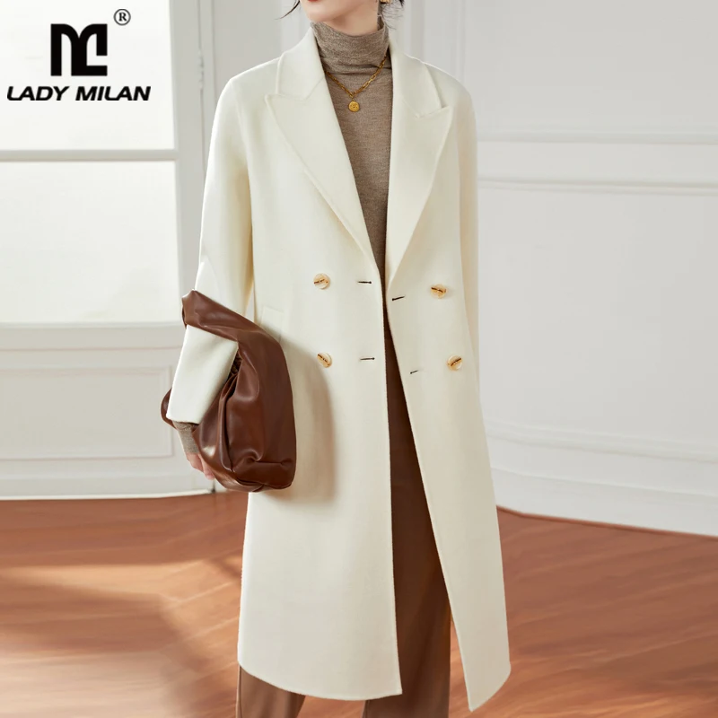 

Женское двубортное кашемировое шерстяное пальто, модное зимнее пальто с отложным воротником, длинными рукавами и боковыми карманами, верхн...