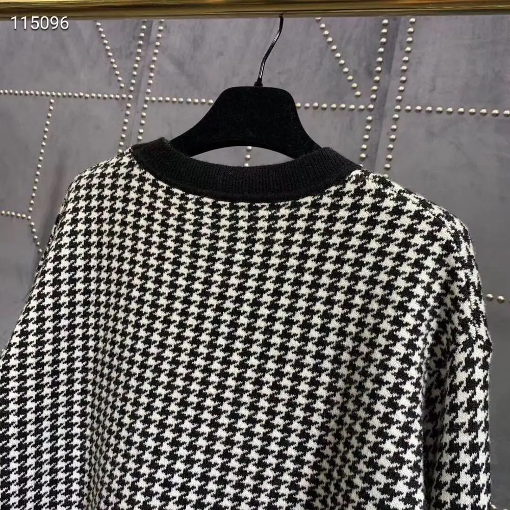 

Two Autumn Winter Fashion Piece Sweater Set Women Houndstooth Wide-Leg Pants Suit Striped Plaid Casual Clothes Knitted Outfits