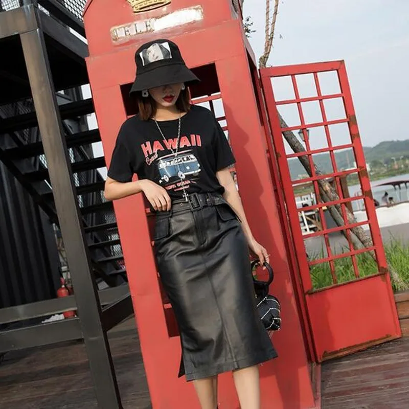 

Sashes Slim Fit Knee Length Womens Genuine Leather Wrap Skirts Spring Autumn New Fashion Straight Sheepskin Skirts Plus Size 4XL