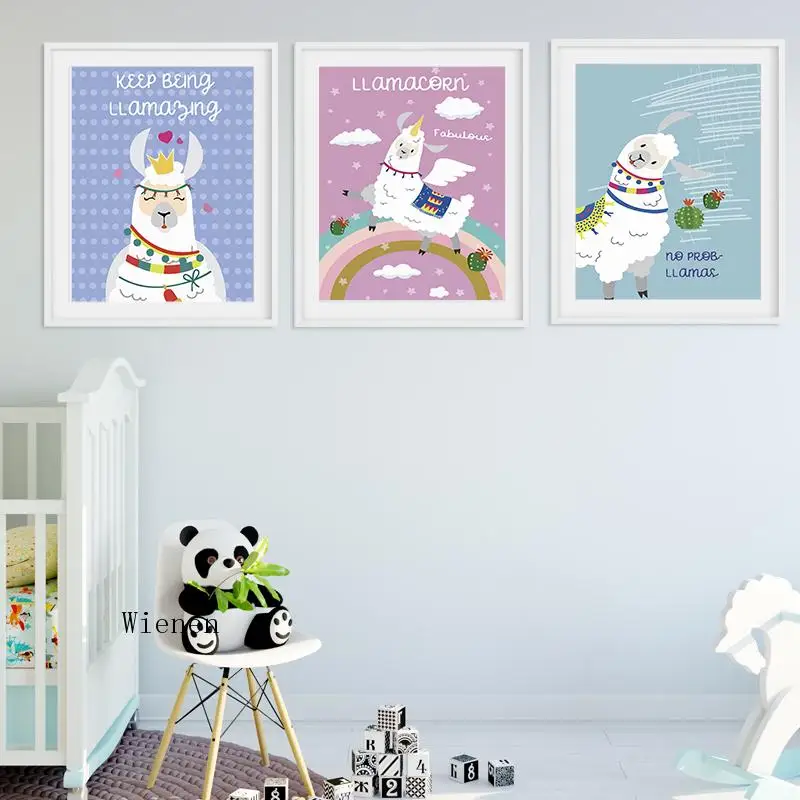 

Cartoon Animals Poster Wall Art Prints Llama Angel Cactus Canvas Paintings Cute Valentine's Day Gift Children Room Decor