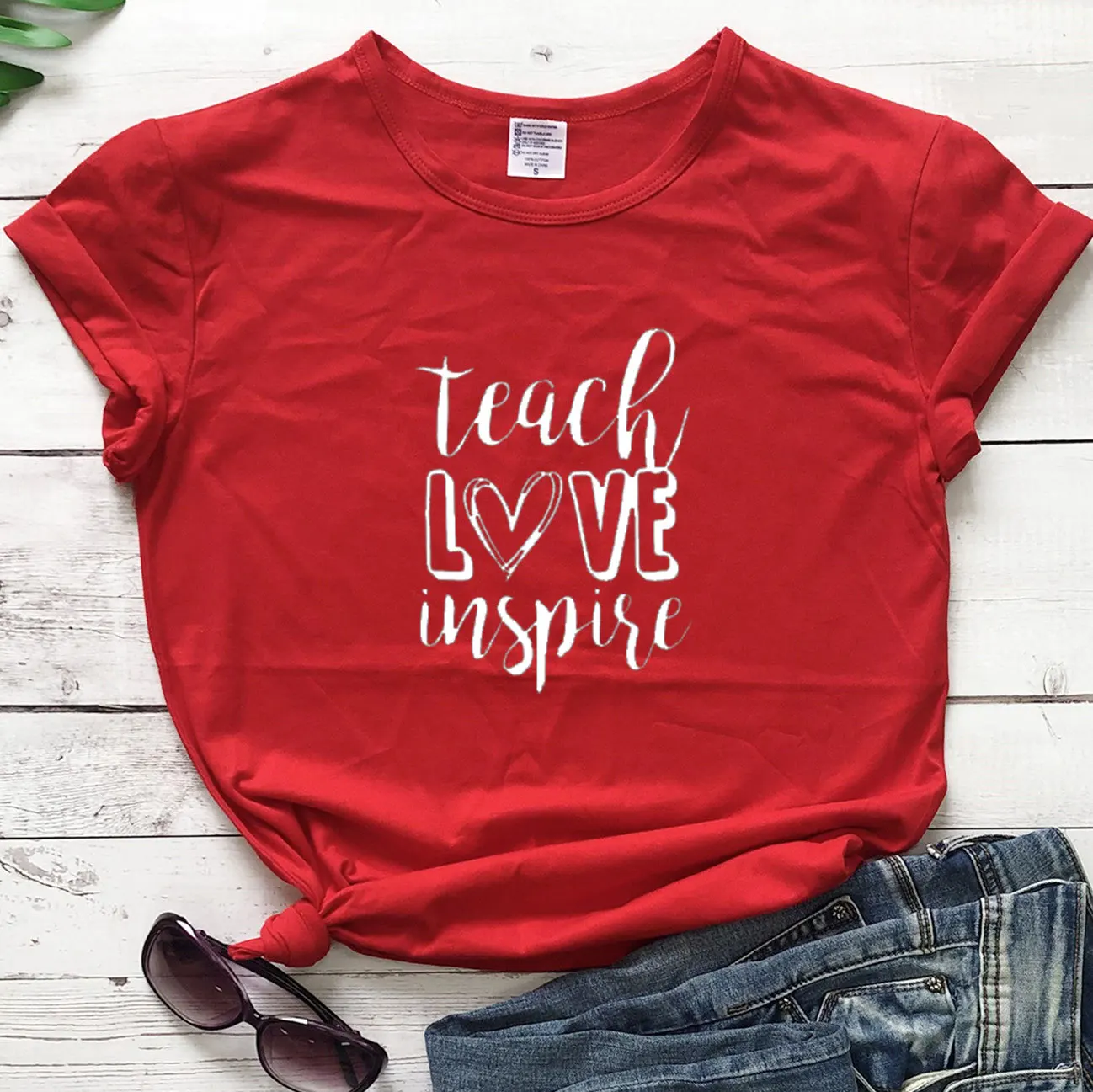 Футболка из 100% чистого хлопка с надписью Teach Love Inspire Женская свободная футболка