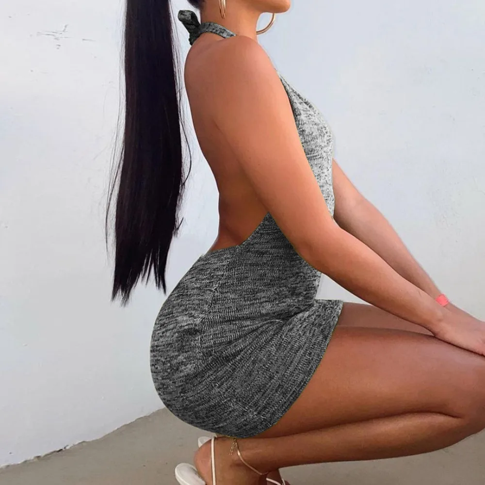 

Halter Sexy Backless Mini Dresses Bodycon Skinny Club Party Sleeveless Knitted Dress Fall Streetwear Beach Holiday