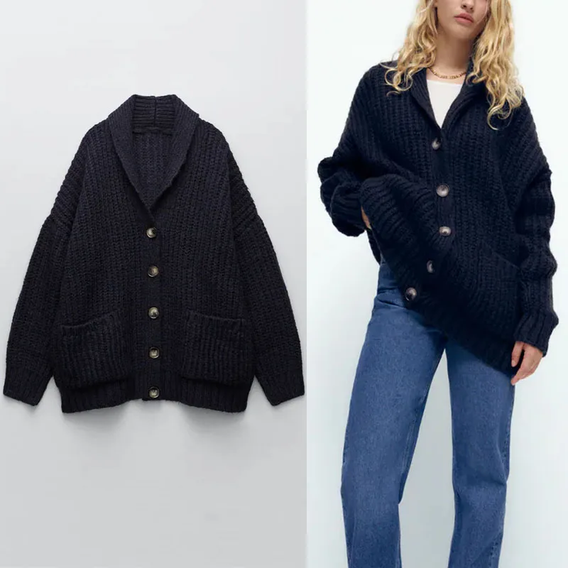 

ZA 2021 Winter Oversized Knit Cardigan Women Long Sleeve Lapel Collar Loose Knitted Coat Fashion Buttoned Vintage Female Sweater