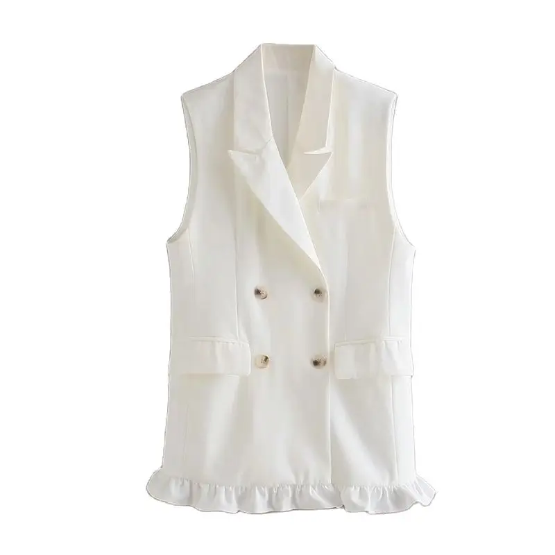 

KRSB Za Sping Women's Khaki White Double Breasted Jacket Jacket Ruffle Design Suit Collar Pocket Top Retro Elegant British