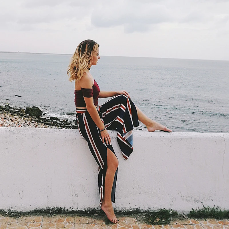 

Loose Style Summer Waist Long Pants Spring Leg 2020 Striped Wide Clothing High Women female Fashion Casual Holidays Pants New