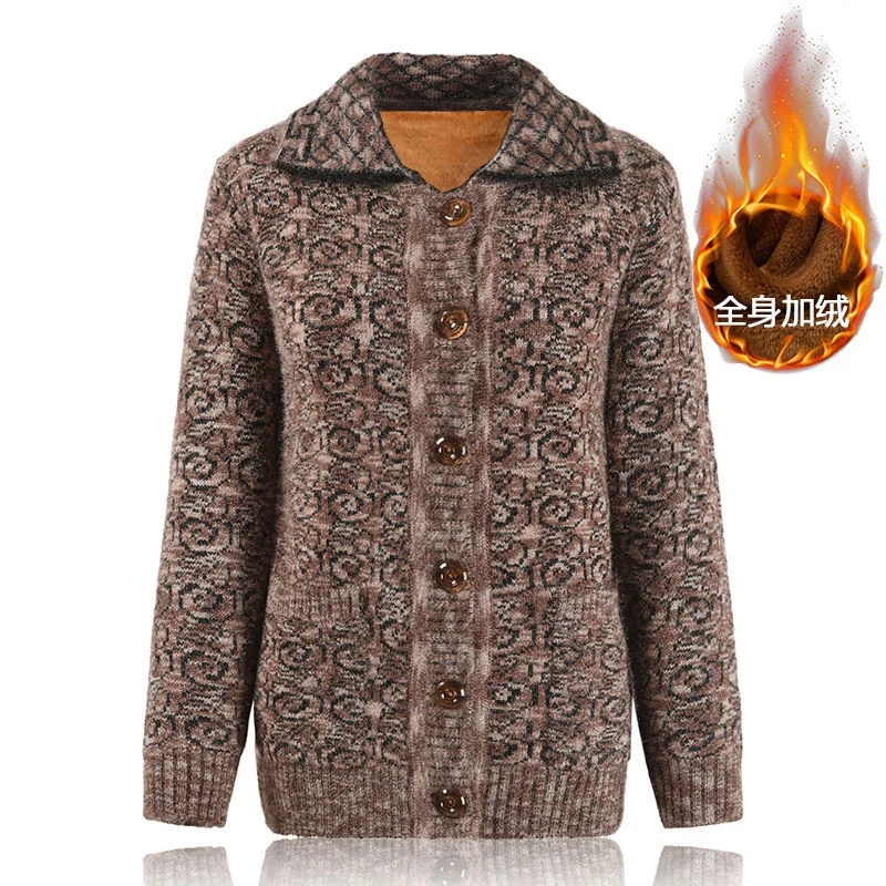 

Middle-aged and Elderly Women's Sweaters Cardigan Fashion Knitted Sweater Single-breasted Autumn Winter Plush Thick Warm Jacket