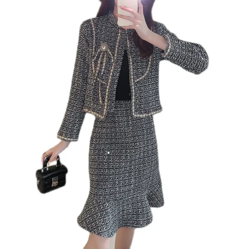 

Runway Designer Fall Winter Women Tweed Woolen Dress Set Vintage Pearls Sequined Jacket Coat And Skirt Suit Party 2 Piece Outfit