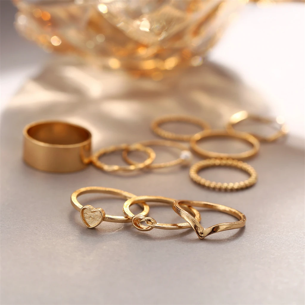 

【Q2D2725】10pcs/set alloy open ring personalized pearl ring love ring index finger joint tail ring
