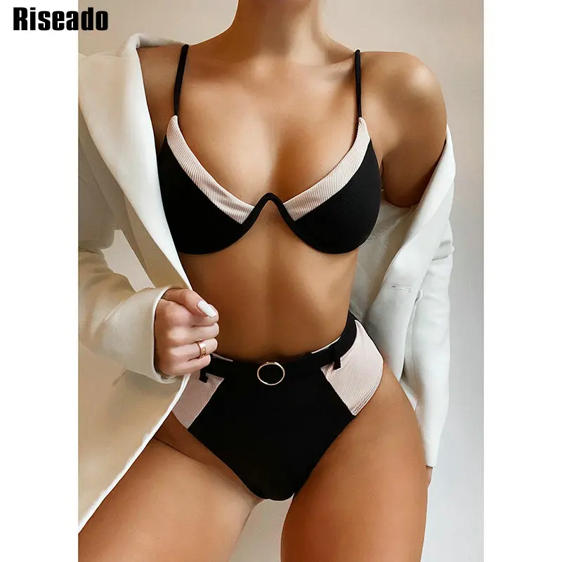 

Riseado Push Up Bikini Ribbed Swimsuit Women High Waisted Swimwear Belted Bathing Suit Patchwork Beachwear High Cut Biquini 2021