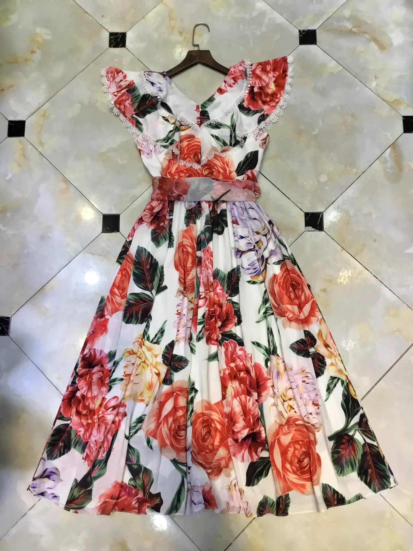 

2021 Summer Runway Fashion Prom Dress Lady Short Sleeve Flower Print Ruffle Holiday Dresses Women Vocation Robe