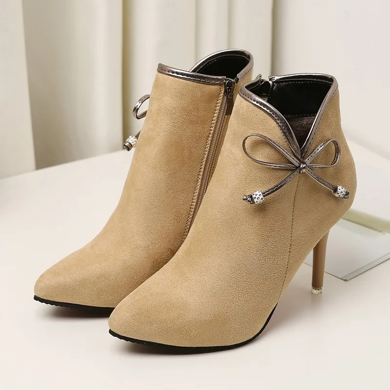 Women's Solid Color Square High Heels Zipper Suede Warm Snow Boots Round Head Suede Side with Snow Boots