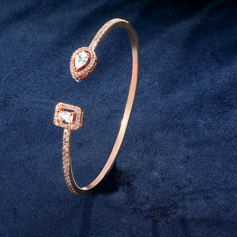 Bangle Rose Gold RAKOL Гладкий минималистский дизайн с кубическим цирконием браслеты из колец комплект ювелирных изделий женщина свадебное платье аксессуары RS03046 - Окраска металла: Bangle Rose Gold