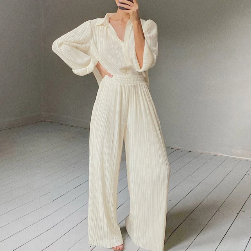 

Женские Элегантные повседневные брюки с широкими штанинами, женская рубашка с длинным рукавом, эластичные брюки большого размера с высокой...