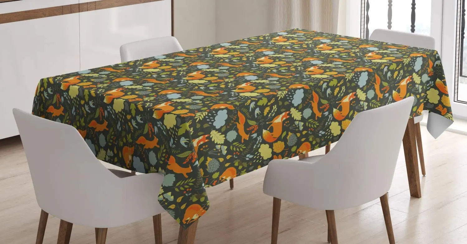 

Woodland Forest Fauna Design Fox Squirrel and Birds on Dark Toned Backdrop Nature Table Cover for Dining Room Kitchen Decor