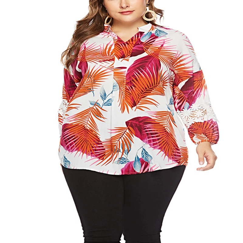 

Summer plus size shirt 5XL 6XL 7XL 8XL fashion plus size women's lapel lace stitching print loose pullover