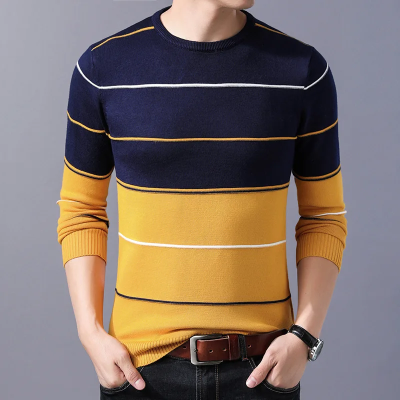 

2021 Casual Men's Sweater O-Neck Striped Slim Fit Knittwear Autumn Winter Mens Sweaters Pullovers Pullover Men Pull Homme M-3XL