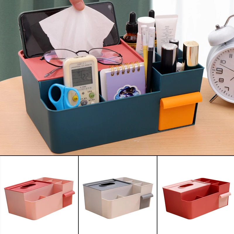 

Tissue Storage Box with Multiple Compartments Multifunctional Household Cosmetics Cellphone Holder Table Organizer M56