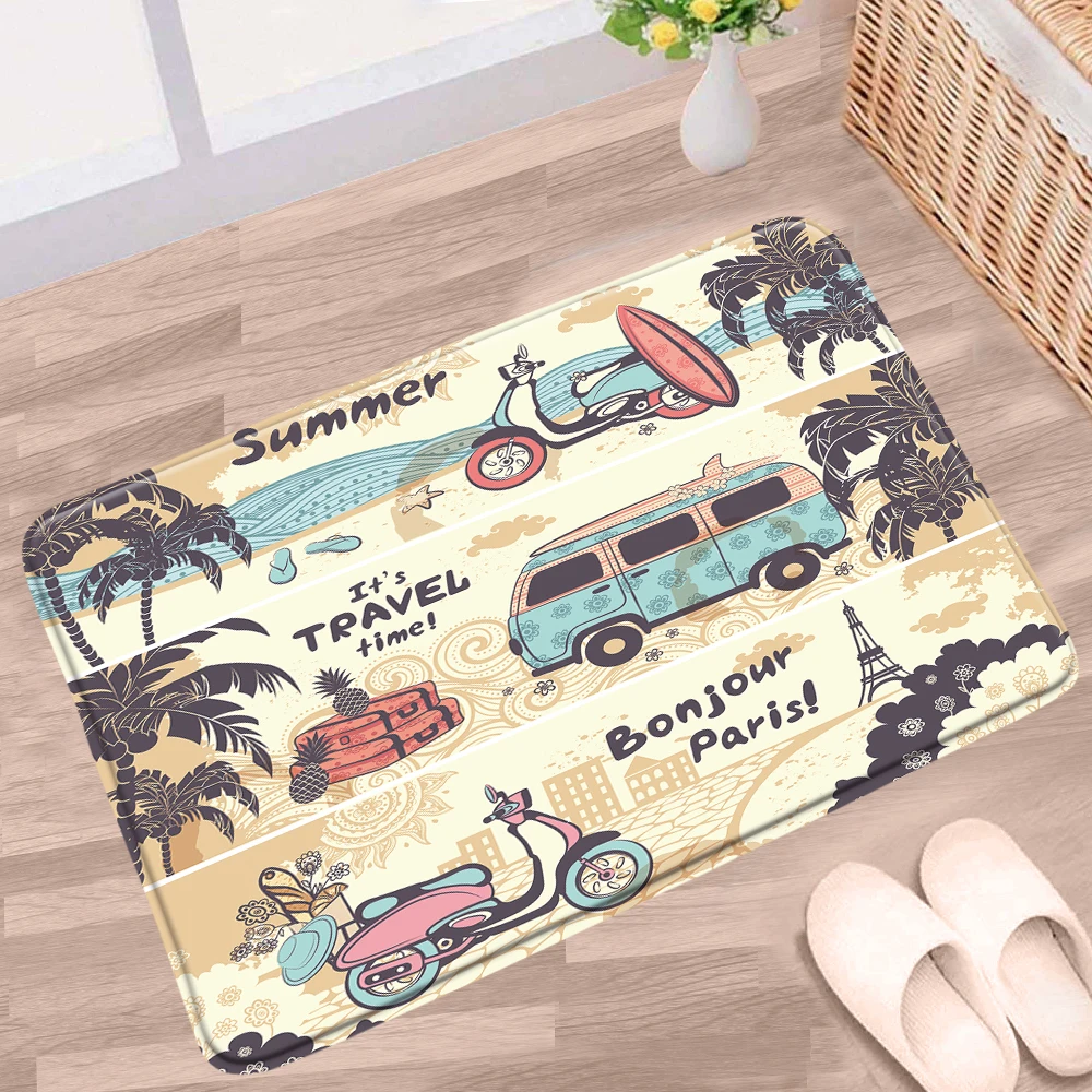 

Palm Tree Bathroom Mat Bus Vacation Sunset Green Plant Forest Sea Scenery Non-slip Rug Bath Kitchen Indoor Entrance Aisle Carpet