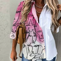 retro patchwork abstract beauty print blouse sexy off shoulder lace hollow out shirt women fashion lapel button 34 sleeve blusa