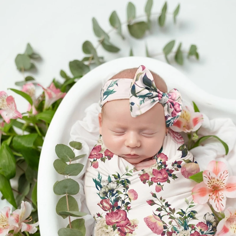 

2 Pcs Newborn Baby Receiving Blanket Bowknot Headband Set Infant Print Swaddle Wrap Sleeping Bag Hair Band Kits 40JC