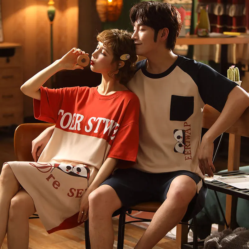 Summer Short-sleeved 100% Cotton Pyjama Set Men Style Couple Pijama Set Sleepwear Top+ Pants Lovers Pajamas Sets Women Nightwear