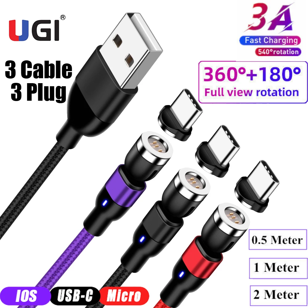 UGI 3 упаковки (3 кабеля + вилки) 540 ° Магнитный кабель зарядное устройство Type C USB Micro