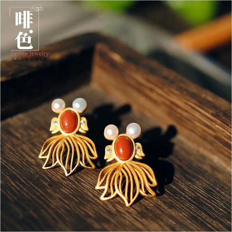 

Cute Small Goldfish Koi 2019 New Arrival Chaonan Red Agate Pearl Small Women's Retro Han Style Earrings
