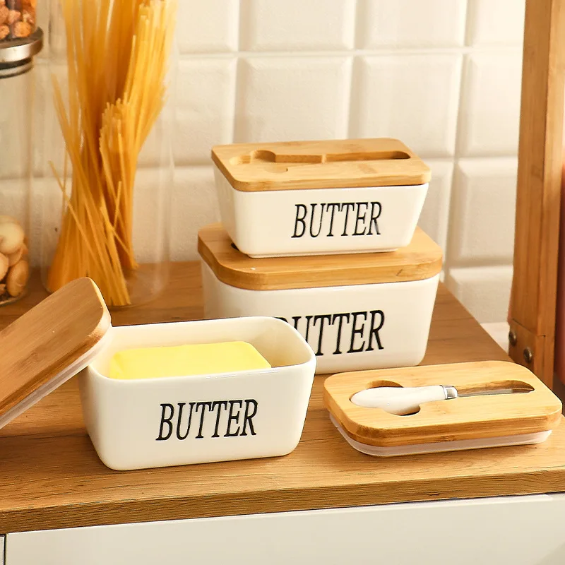 

Butter Box with Bamboo Lid and Knife Kitchen Ceramics Butter Dishes Silicone Sealing Container Cheese Butter Storage Box