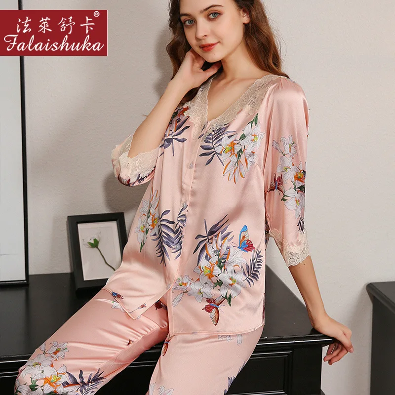 Woman 100% Sexy Silk Pajamas Sets Floral Print Red Pink Sleep Wear 2021 Summer Home Wears Two Piece Pajamas Suit Sleepwear