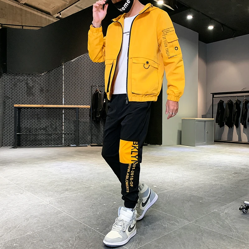 

Мужской спортивный костюм из двух предметов, корейский стиль, куртка и штаны, дизайнерская одежда, спортивный костюм, большие размеры, осень...