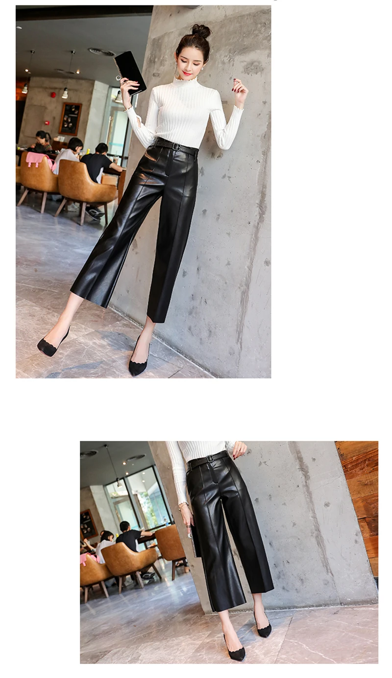 BGTEEVER Black Pu Leather Pants Women High Waist Belted Faux Leather Trousers Female Wide Leg Pants pantalon femme