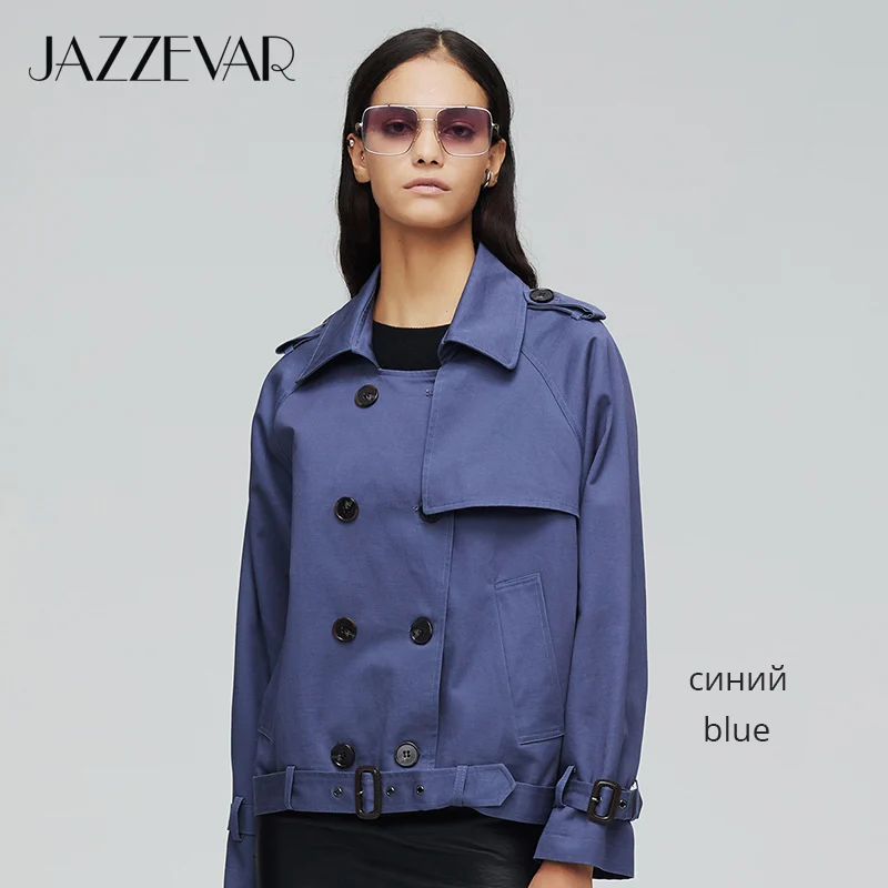 JAZZEVAR Новое поступление осенний тренч женская модная повседневная хлопковая двубортная куртка короткая свободная верхняя одежда женский плащ на осень-весну 9018-1 - Цвет: blue LTS03