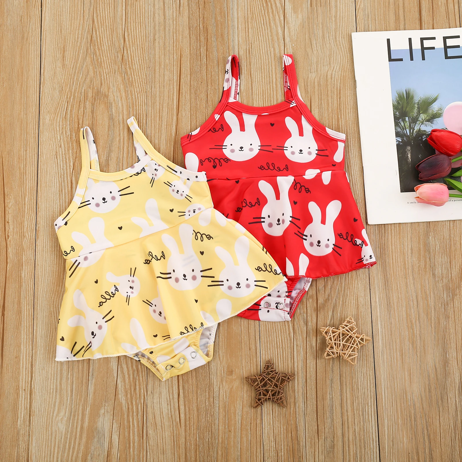 

Toddler 2 Colors Casual Bunny Print Swimsuit Baby Sleeveless Sling Jumpsuit Baby O-Neck High-Waist Bikini Beach Suit