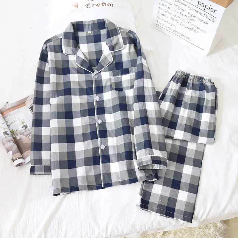 2021 New Spring Women Pajamas Set 100% Cotton Turn-down Collar  plaid Long-sleeve Sleepwear Homewear Nightshirt Casual Wear