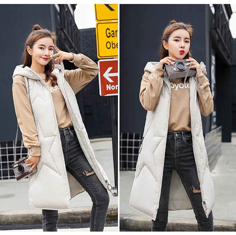 Зимний хлопковый жилет Женский Повседневный однотонный длинный жилет с капюшоном на молнии карман Толстая теплая куртка без рукавов женский синтепон парка жилет для женщин