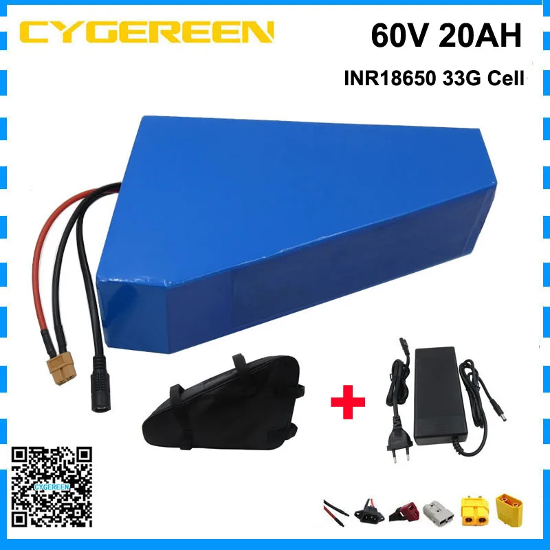 

1000W 60V 20AH Triangle Ebike Batterie 16S 60V Lithium ion Scooter Battery Pack INR18650 33G Cell 30A BMS with 67.2V 5A charger