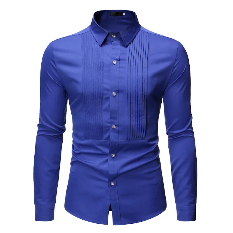 الملكي الأزرق الزفاف سهرة قميص الرجال 2022 العلامة التجارية موضة سليم تيشيرت ضيق بأكمام طويلة رجالي فستان قمصان الأعمال عادية شيميز أوم