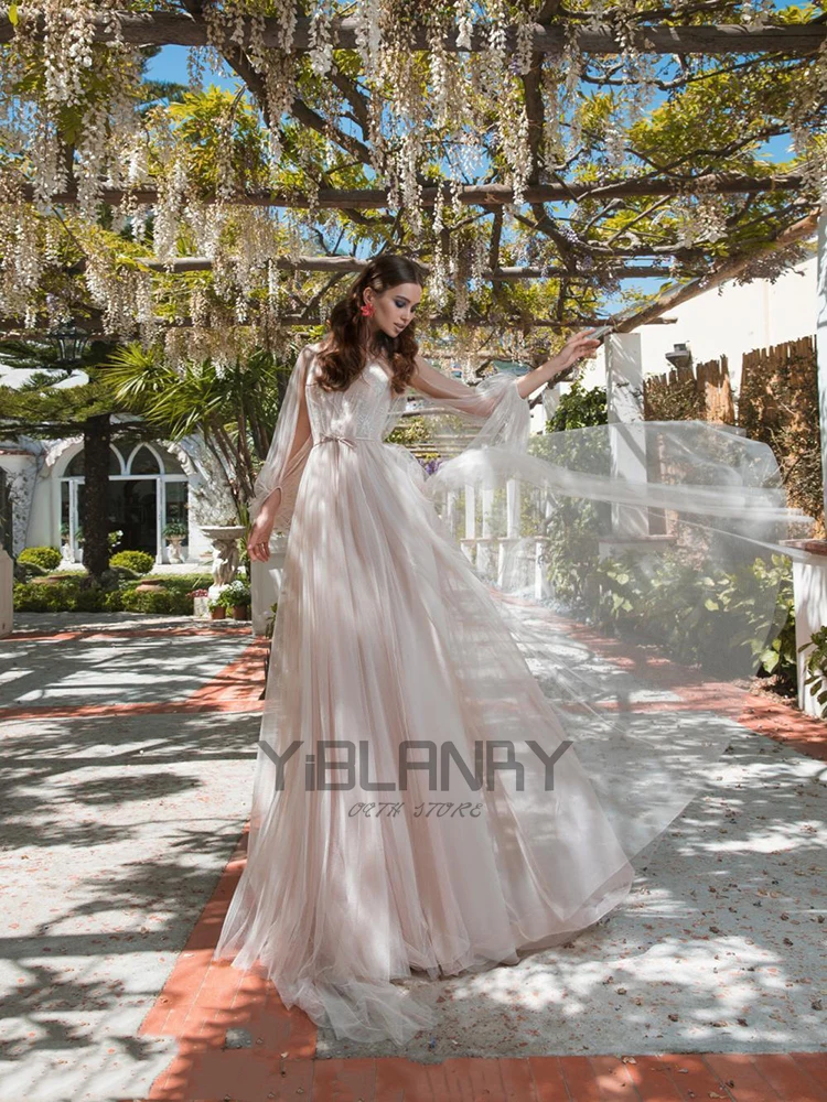 

YILIBER Lace wedding dress champagne v-neck long sleeve bridal dresses elegant 3d flower tailing custom made
