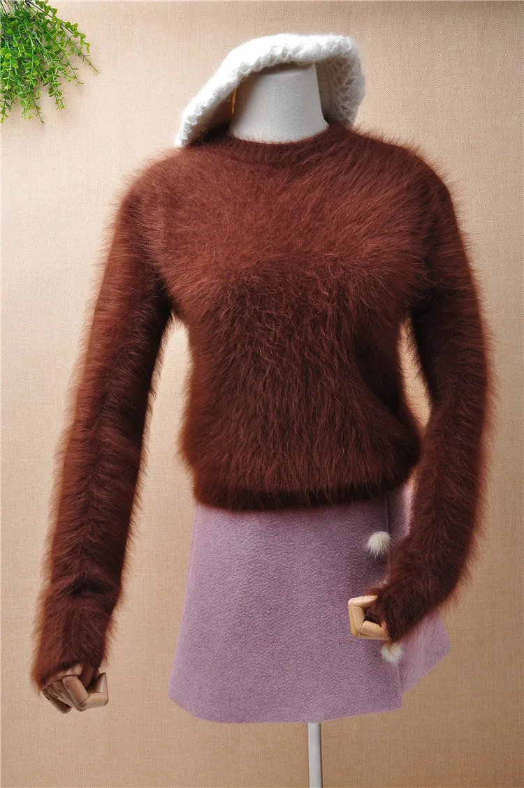 ladies women fashion hairy fluffy mink cashmere o-neck slim bottoming pullover angora rabbit fur knitted winter jumper sweater | Женская