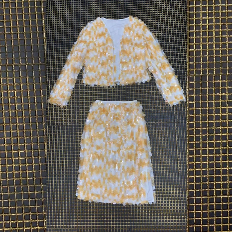 

2019 New Multicolor Autumn Women Suits Fashion Sequined Long Sleeve Short Tops & High Waist Sexy Slit Straight Midi Skirts