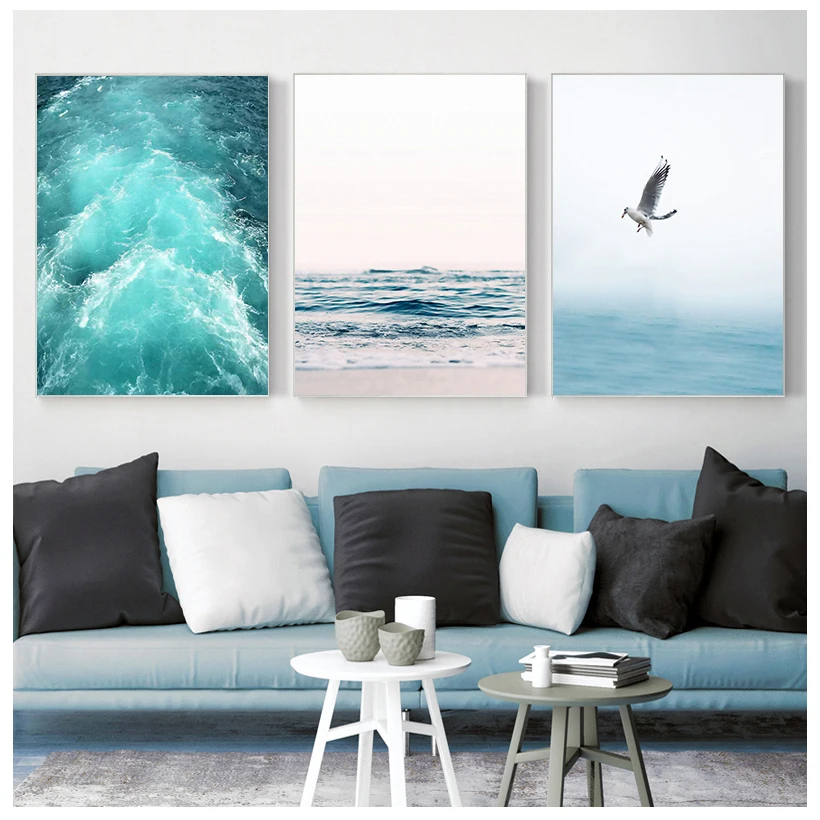 Blue Sea And Sky Nordic Landscape Canvas Painting Free Seagull Waves Beach Art Poster Living Room Decor Seabirds Wall | Дом и сад