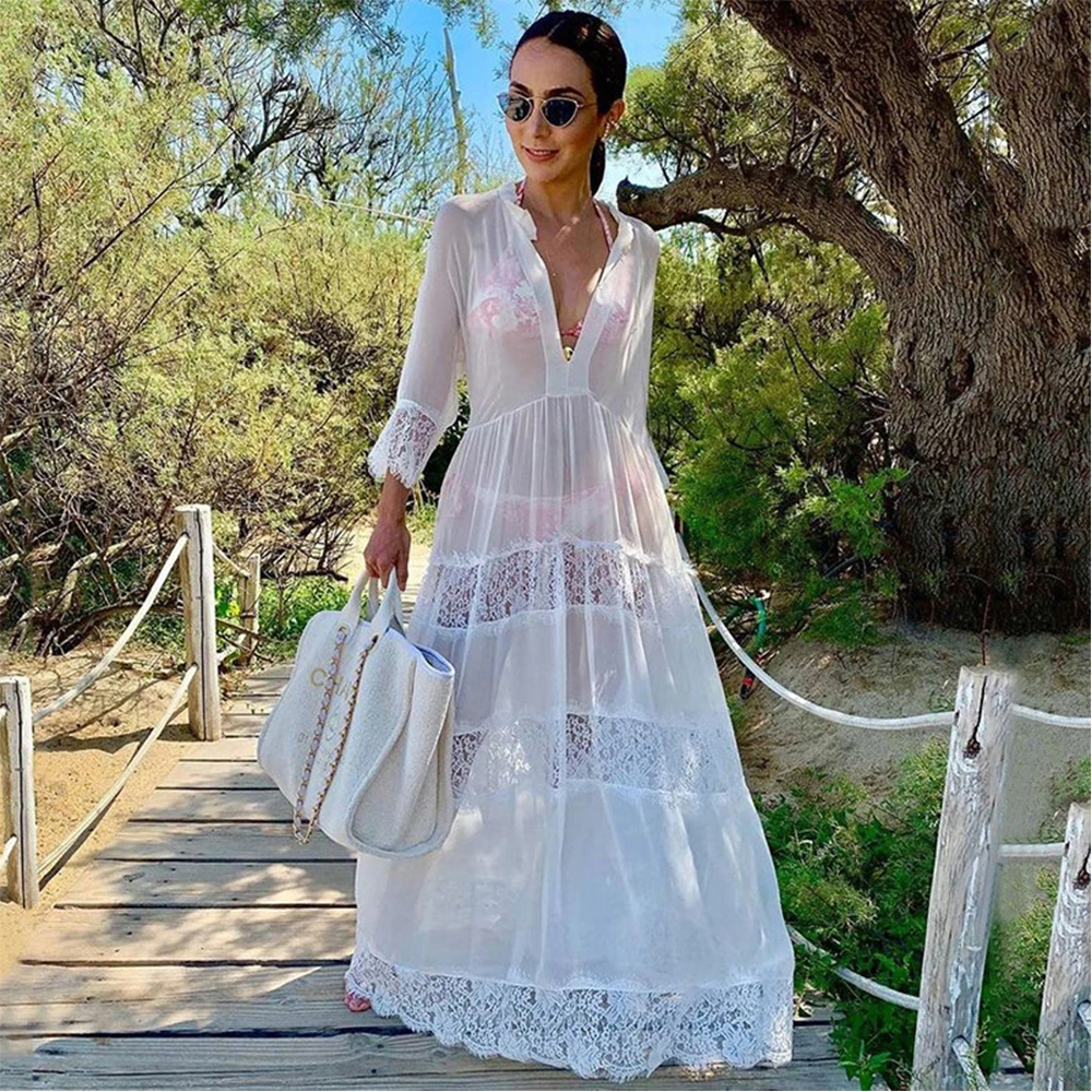 2020 Пляжная накидка сексуальное летнее пляжное платье с V-образным вырезом белая