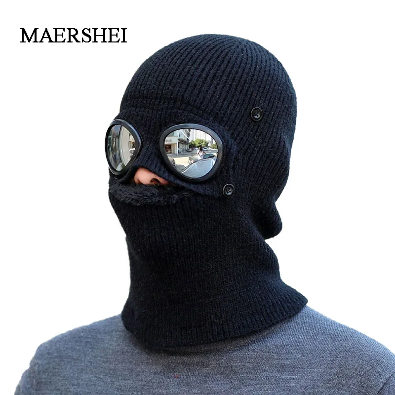 Зимние шапки в шляпе и очках Skullies Beanies Зимние шапки для мужчин женский шерстяной шарф головные уборы, Балаклава маска Knitted шапка вязаная