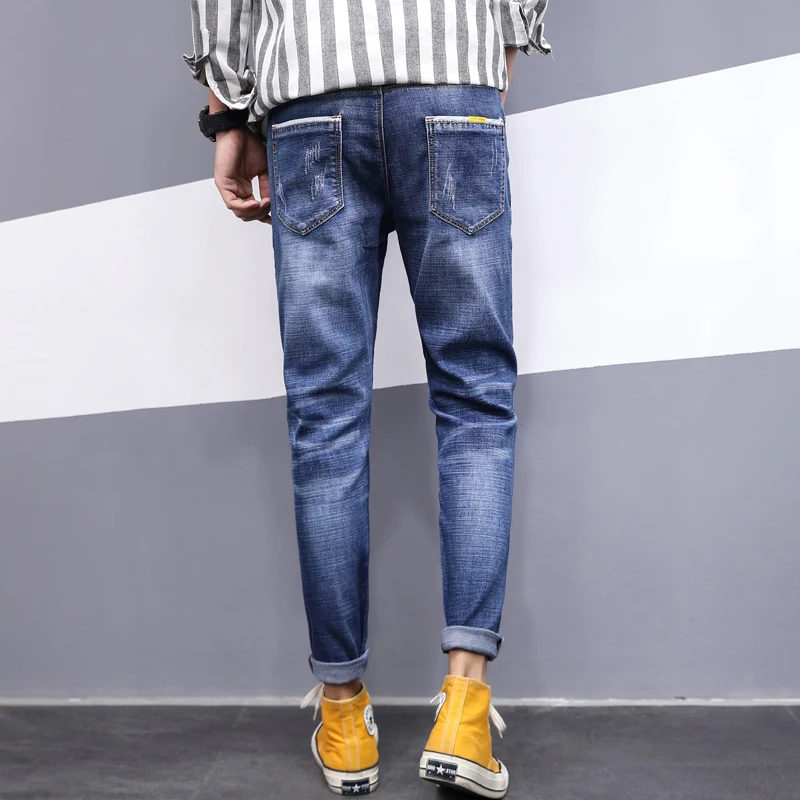 

New Men's Casual Jeans Cotton-containing Micro-elastic Tapered Clothes Denim Pants Men Jeans Old Edge Grinding Prewashed blue