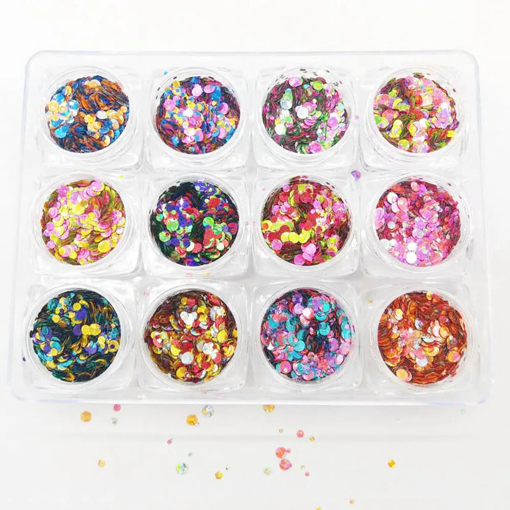 

12Jars/set 3D Nail Sequins Mixed-Round Spangles Dust Ultrathin Nail Glitter Flake Nail Art Powder Colorful Tips Manicure Sequins