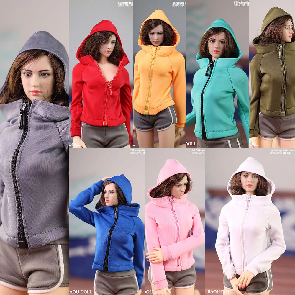 

7 Colors In Stock 1/6 Scale Sexy Slim Sports Coat Sweater Hooded Zipper Sports Top Sports Pants Clothes for 12 inch Female Body