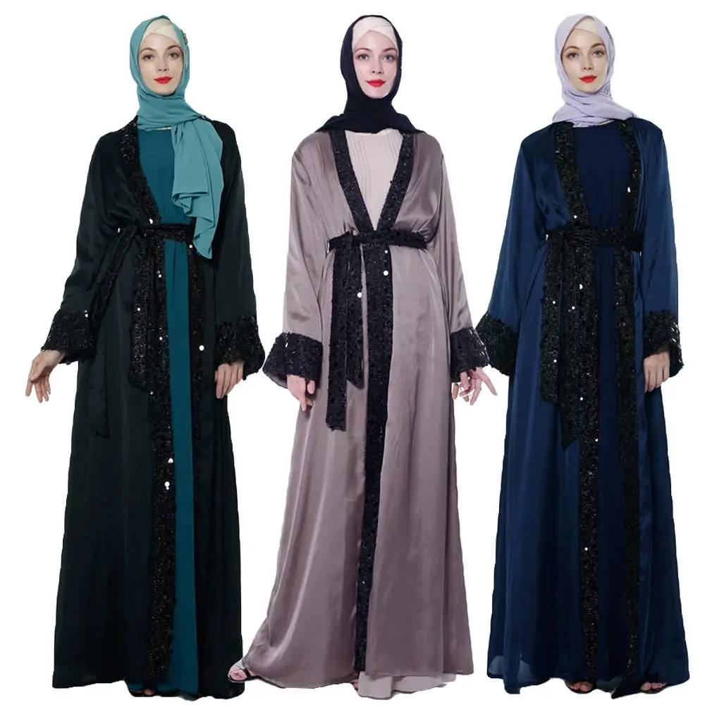 

Dubai Open Abaya Cardigan Women Satin Sequin Long Dress Kimono Jilbab Islamic Robe Kaftan Gown Long Sleeve Arab Patchwork Dress