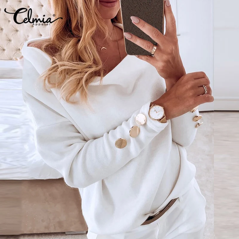 

2022 Fashion Off Shoulder Pullover Autumn Women Sweater Celmia Elegant Lady Long Sleeve Jumpers Casual Loose T Shirt Streetwear