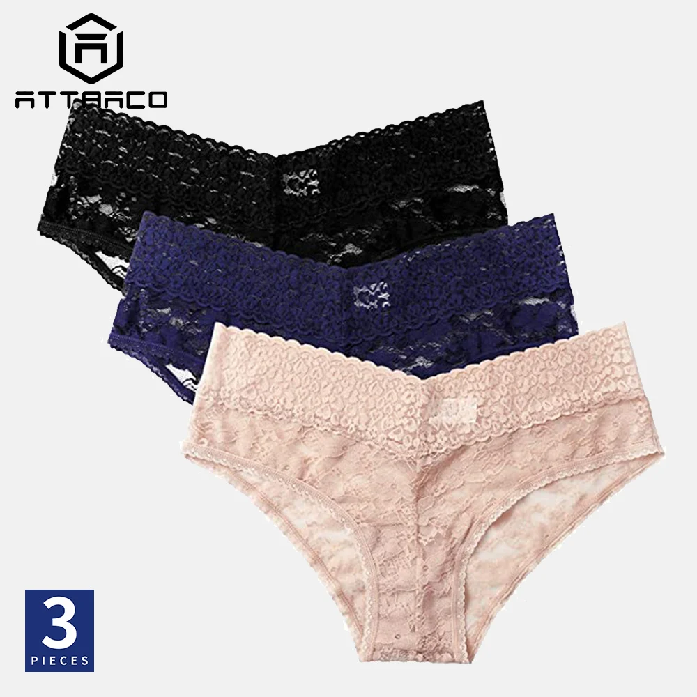 

ATTRACO Women's Panties Underwear Pack of 4 Lace String Tanga Thong Solid Bikini Hipster Lingerie Briefs Sexy